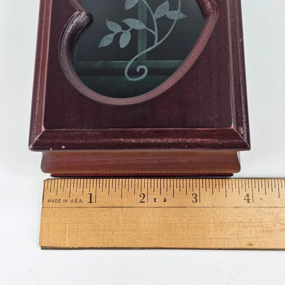 Vintage Wooden Heart Rose Etched Glass Jewelry Box Mahogany Tone Christmas 2000